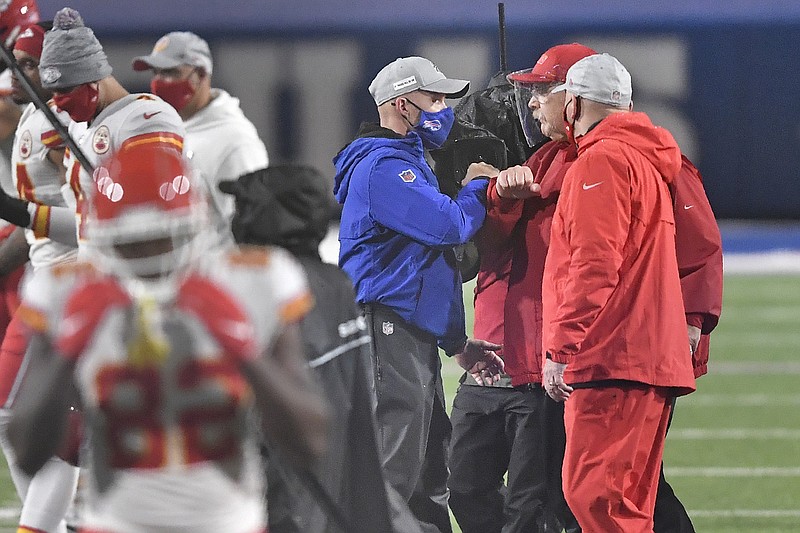 AP photo by Adrian Kraus / Head coaches Andy Reid of the Kansas City Chiefs, right, and Sean McDermott of the Buffalo Bills greet each other after their Oct. 19 game in Orchard Park, N.Y. The Chiefs beat the Bills 26-17.