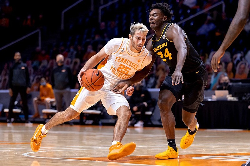 Tennessee Athletics photo / Tennessee sophomore guard Santiago Vescovi (25) injured a hip in last Tuesday's 75-49 loss at Florida and was not at full strength again during Saturday night's 73-64 setback against Missouri, Volunteers coach Rick Barnes said.