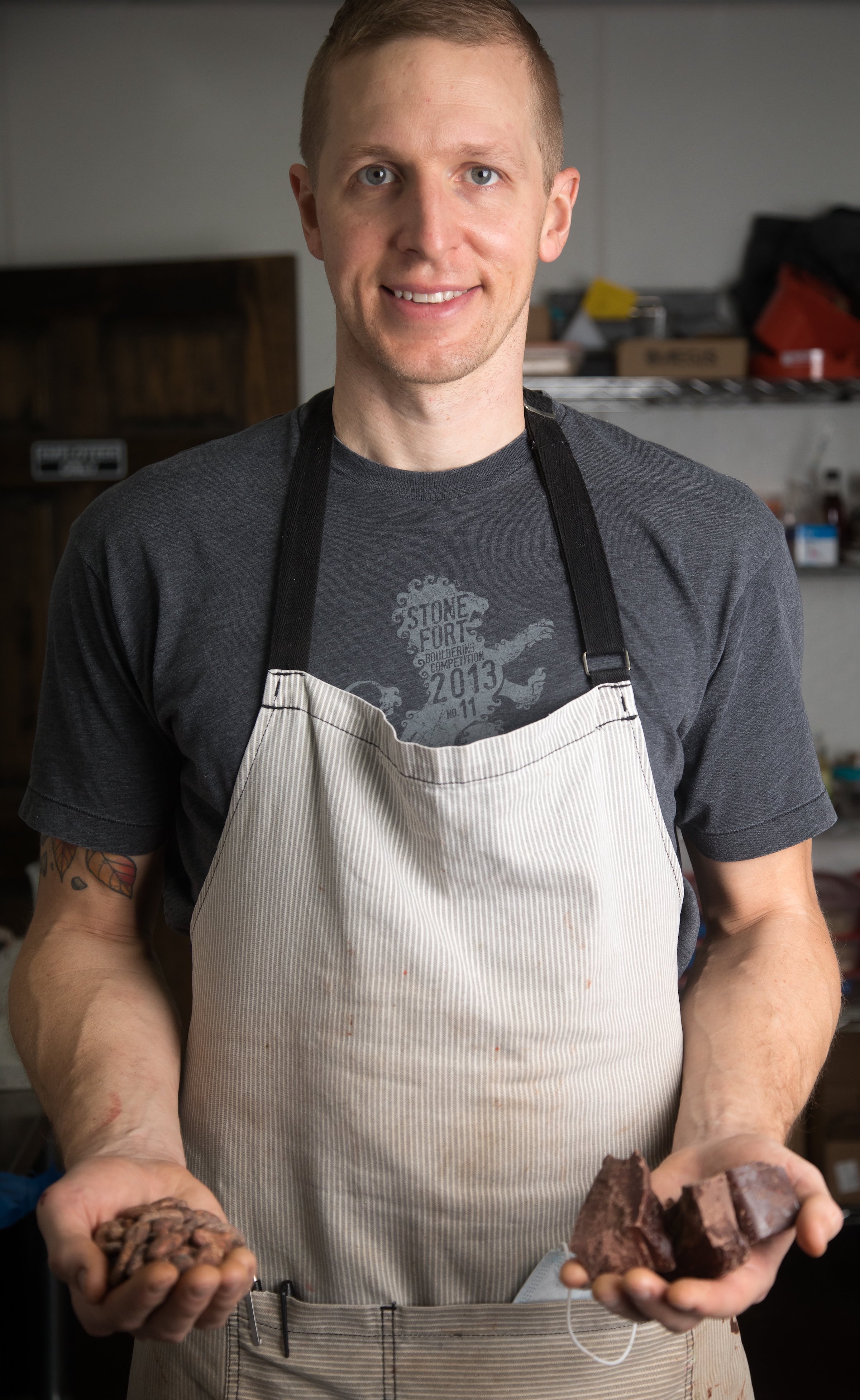 Staff photo by Troy Stolt / Brendan Patrick, owner and operator of Belle Chocolates, poses for a portrait inside of his kitchen on the North Shore.