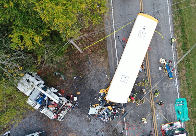 This photo, included in the NTSB's preliminary report, shows an aerial view of the final positions of the two vehicles. Source: Tennessee Highway Patrol