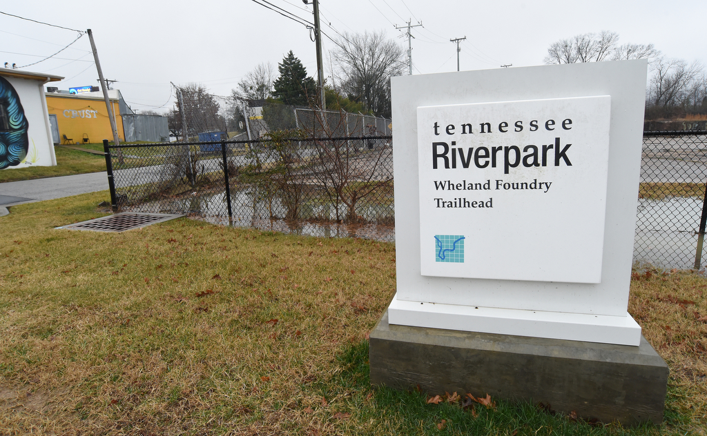 Staff Photo by Matt Hamilton / A sign at the intersection of St. Elmo Ave. and Middle Street marks the current boundary of the Riverwalk on Monday, Jan. 25, 2021. The last segment of the Riverwalk will follow St. Elmo Ave. between Middle Street and Broad Street.
