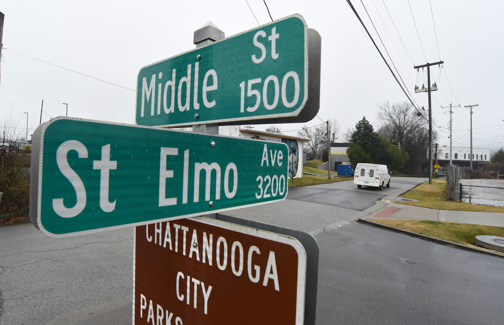 Staff Photo by Matt Hamilton / The intersection of Middle Street and St. Elmo Avenue marks the beginning point of the new Riverwalk extension. The last segment of the Riverwalk south of the Tennessee River will follow St. Elmo Avenue to the Incline Railway.