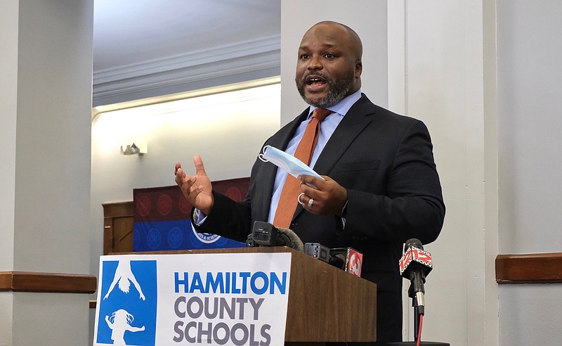 Staff photo by Wyatt Massey / Bryan Johnson, superintendent of Hamilton County Schools, speaks about the district's reopening plan during a news conference at Chattanooga School for the Arts & Sciences on Jan. 26, 2021.