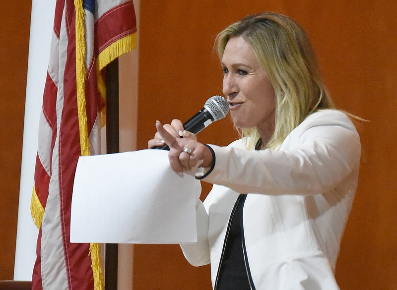 Staff Photo by Matt Hamilton / U.S. Rep. Marjorie Taylor Greene speaks during a town hall event in Dalton on Wednesday, Jan. 27, 2021.