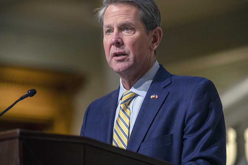 Georgia Gov. Brian Kemp gives remarks during a COVID-19 update press conference at the Georgia State Capitol Building in Atlanta, Thursday, Jan. 21, 2021. (Alyssa Pointer/Atlanta Journal-Constitution via AP)