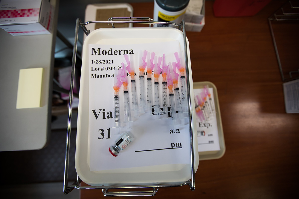 Staff photo by Troy Stolt / Doses of the Moderna COVID-19 vaccine are seen inside of the pharmacy station at the Hamilton County Health Department's new COVID Vaccination POD at the CARTA Bus Terminal on Thursday, Jan. 28, 2021 in Chattanooga, Tenn.