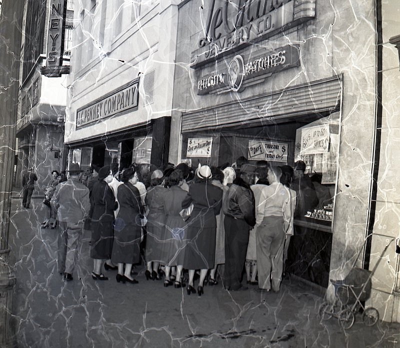 LeGrand Jewelry Co. at 604 Market St. in downtown Chattanooga was a busy retail store in the 1950s. / Chattanooga Free Press photo by Bob Sherrill contributed by ChattanoogaHistory.com.