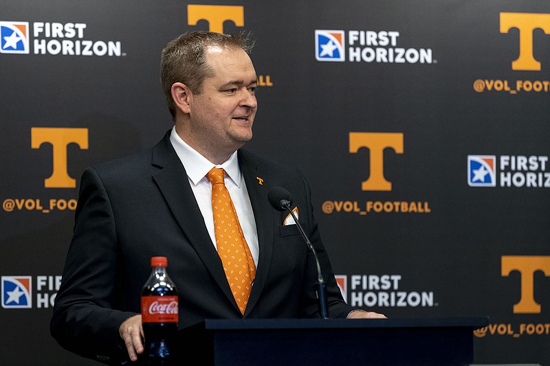 Tennessee Athletics photo by Andrew Ferguson / New Tennessee football coach Josh Heupel speaks during Wednesday afternoon's introductory news conference in Knoxville.