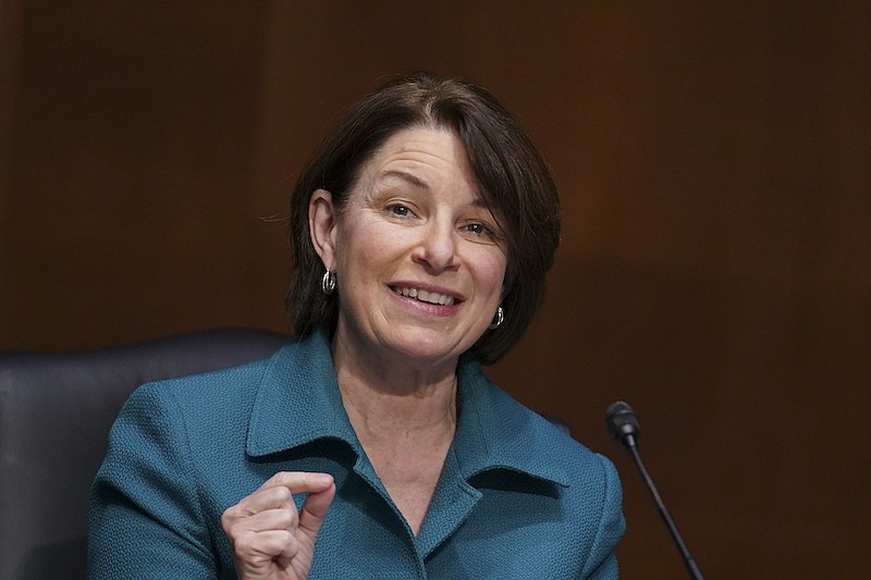 Sen. Amy Klobuchar, D-Minn., speaks during a confirmation hearing for Secretary of Veterans Affairs nominee Denis McDonough before the Senate Committee on Veterans' Affairs on Capitol Hill, Wednesday, Jan. 27, 2021, in Washington. (Sarah Silbiger/Pool via AP)