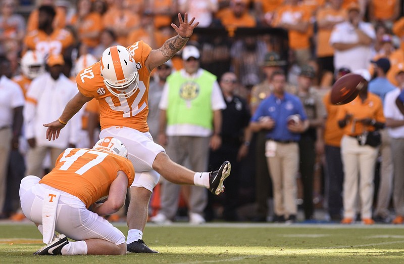 Staff photo by Robin Rudd / Tennessee's Brent Cimaglia attemps a field goal from the hold of Joe Doyle during the 2019 season opener against Georgia State in Knoxville.