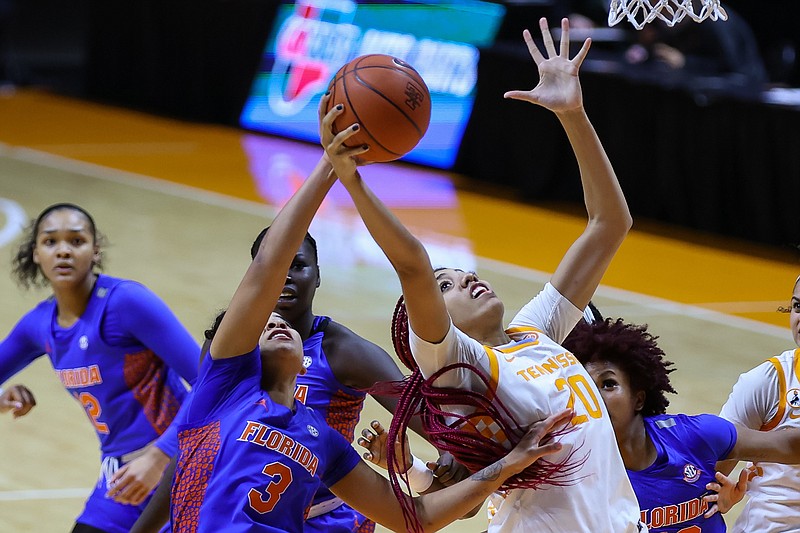 USA Today Sports photo by Randy Sartin / Tennessee center Tamari Key (20) goes to the basket as Florida guard Lavender Briggs (3) defends during the second half of Sunday's SEC matchup in Knoxville. Key had 14 points, 10 rebounds and 10 blocks for the fourth triple-double in program history as Tennessee won 79-65.