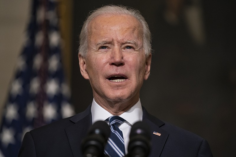 FILE - In this Wednesday, Jan. 27, 2021 file photo, President Joe Biden speaks in the State Dining Room of the White House in Washington. (AP Photo/Evan Vucci, File)