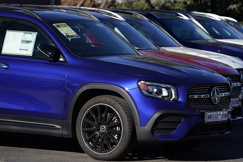 In this Nov. 15, 2020 photo, a long row of unsold 2020 GLB250 sports-utiity vehicles sits at a Mercedes Benz dealership in Littleton, Colo. The brand is the among many that have shut down their subscription services. (AP Photo/David Zalubowski)