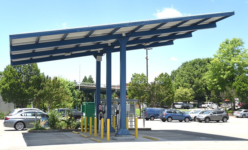 Staff file photo / This electric vehicle charging station is in a parking lot next to Outdoor Chattanooga in Coolidge Park.