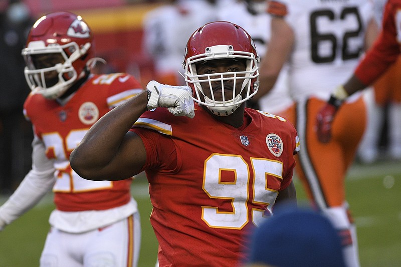 AP photo by Reed Hoffman / Kansas City Chiefs defensive tackle Chris Jones celebrates during the second half of a 22-17 win against the Cleveland Browns in the divisonal round of the playoffs on Jan. 17. The Chiefs have shown a knack for coming out on top in one-possession games this season, including winning seven in a row from early November to late December.