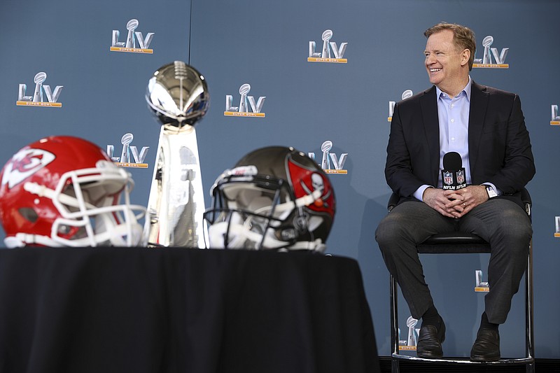 NFL photo by Perry Knotts via AP / NFL commissioner Roger Goodell speaks during his state of the league news conference Thursday in Tampa, Fla. Goodell gave his annual address ahead of the title game, with the Kansas City Chiefs set to face the Tampa Bay Buccaneers on Sunday night in Super Bowl LV.