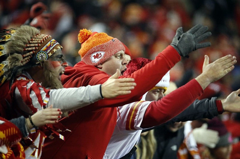 AP photo by Charlie Riedel / Kansas City Chiefs fans chant and do the tomahawk chop during the second half a home game against the Los Angeles Chargers on Dec. 13, 2018, in Kansas City, Mo.