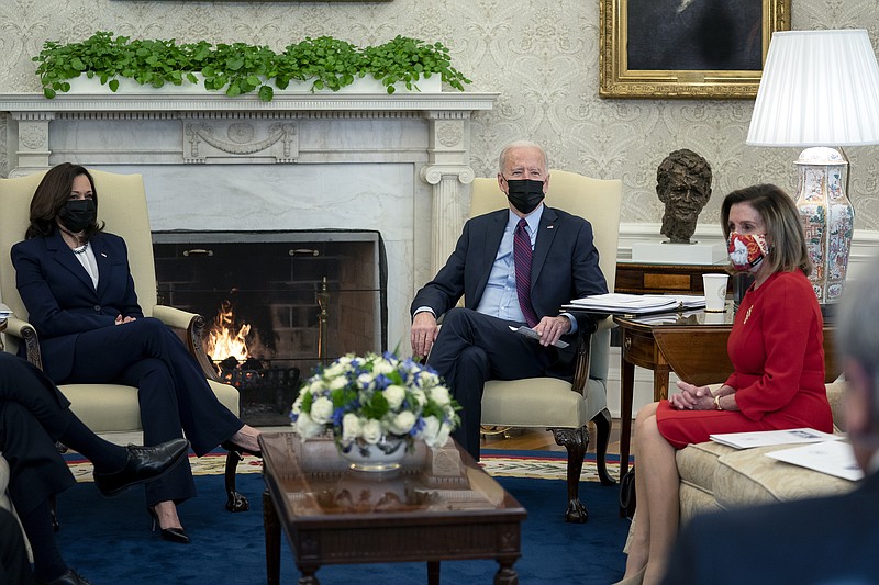 New York Times photo by Stefani Reynolds / President Joe Biden, and Vice President Kamala Harris, meet with Speaker of the House Nancy Pelosi (D-Calif.), right, and the chairs of House committees working on the American Rescue Plan, in the Oval Office of the White House in Washington on Friday.