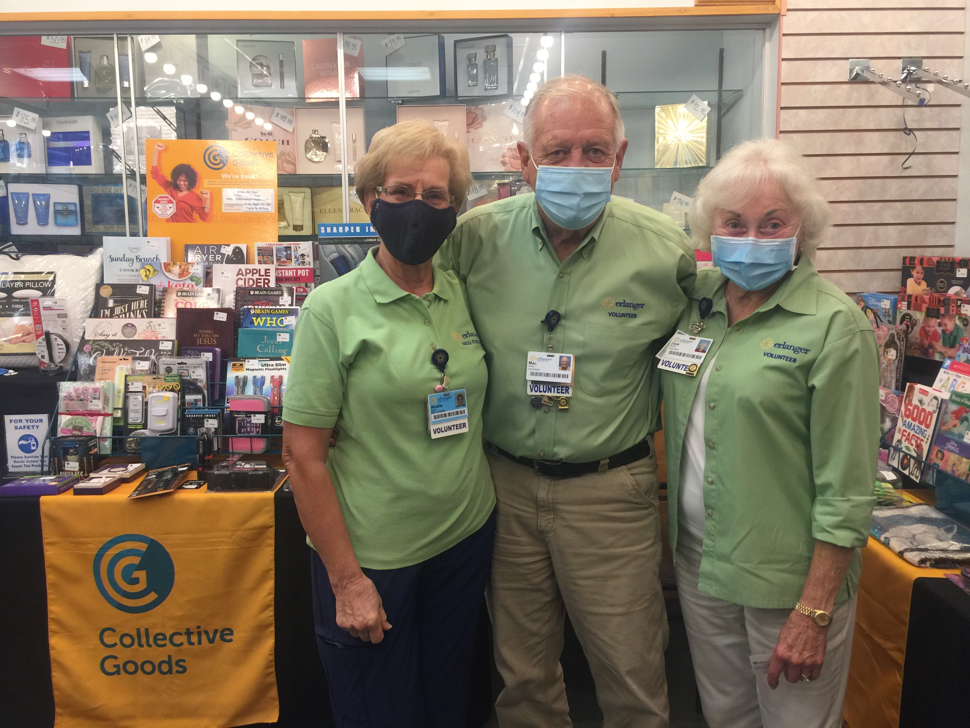 Photo contributed by Blaine Kelley / Volunteers Amelia Sullivan, left, Mac Hedges, middle, and Joye Wessells stand in Erlanger's gift shop.