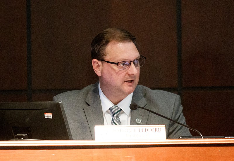 Staff photo by Doug Strickland / Councilman Darrin Ledford speaks during a meeting in the Chattanooga City Council chamber on Tuesday, May 14, 2019, in Chattanooga, Tenn. Ledford has raised $53,000 from more than 50 individual donors since establishing his re-election campaign in January, the most of any council candidate.