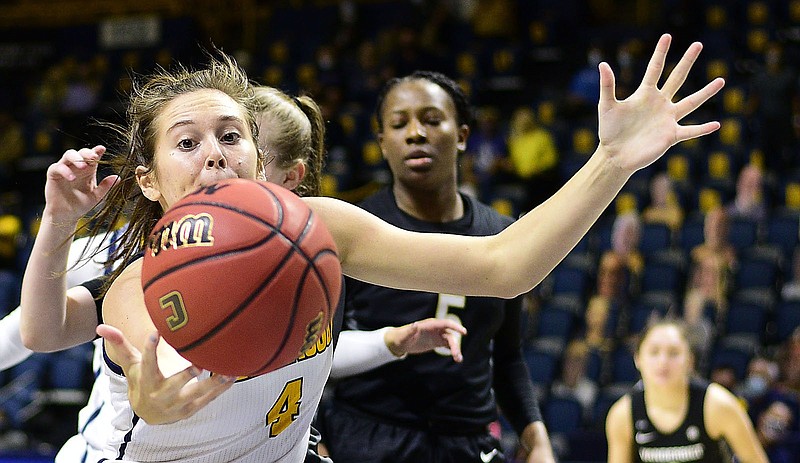 Staff photo by Robin Rudd / UTC's Anna Walker goes after a rebound during a home game against Vanderbilt on Dec. 13. Walker was the only bench player who clocked double-digit minutes for UTC in Saturday's 67-44 SoCon loss at Wofford, where the Mocs were outrebounded 39-26.