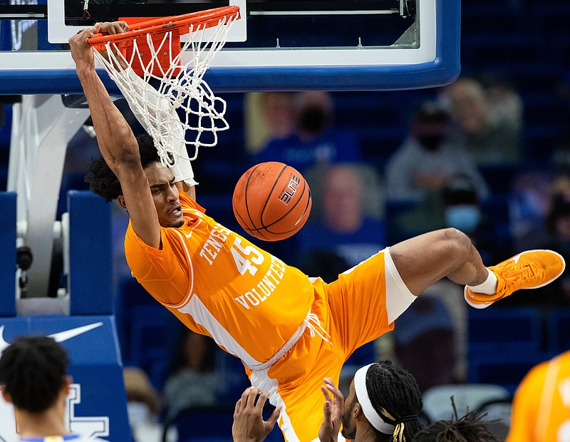 Southeastern Conference photo / Tennessee freshman guard Keon Johnson dunks for two of his 27 points during Saturday night's 82-71 victory at Kentucky, which marked the third win for the Volunteers inside Rupp Arena in the last four seasons.