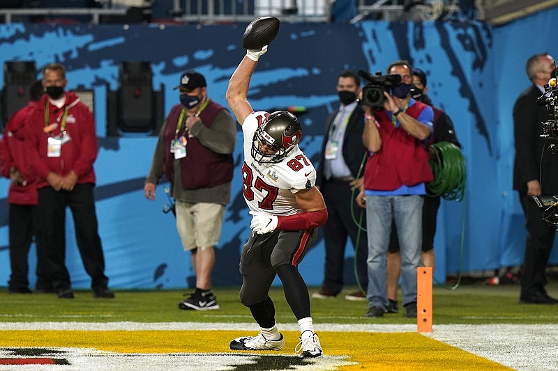 AP photo by Lynne Sladky / Tampa Bay Buccaneers tight end Rob Gronkowski celebrates after catching an 8-yard touchdown pass during the first half of Super Bowl LV against the Kansas City Chiefs on Sunday in Tampa, Fla.
