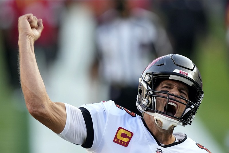 Tampa Bay Buccaneers' Tom Brady shouts before the NFL Super Bowl 55 football game between the Kansas City Chiefs and Tampa Bay Buccaneers, Sunday, Feb. 7, 2021, in Tampa, Fla. (AP Photo/David J. Phillip)