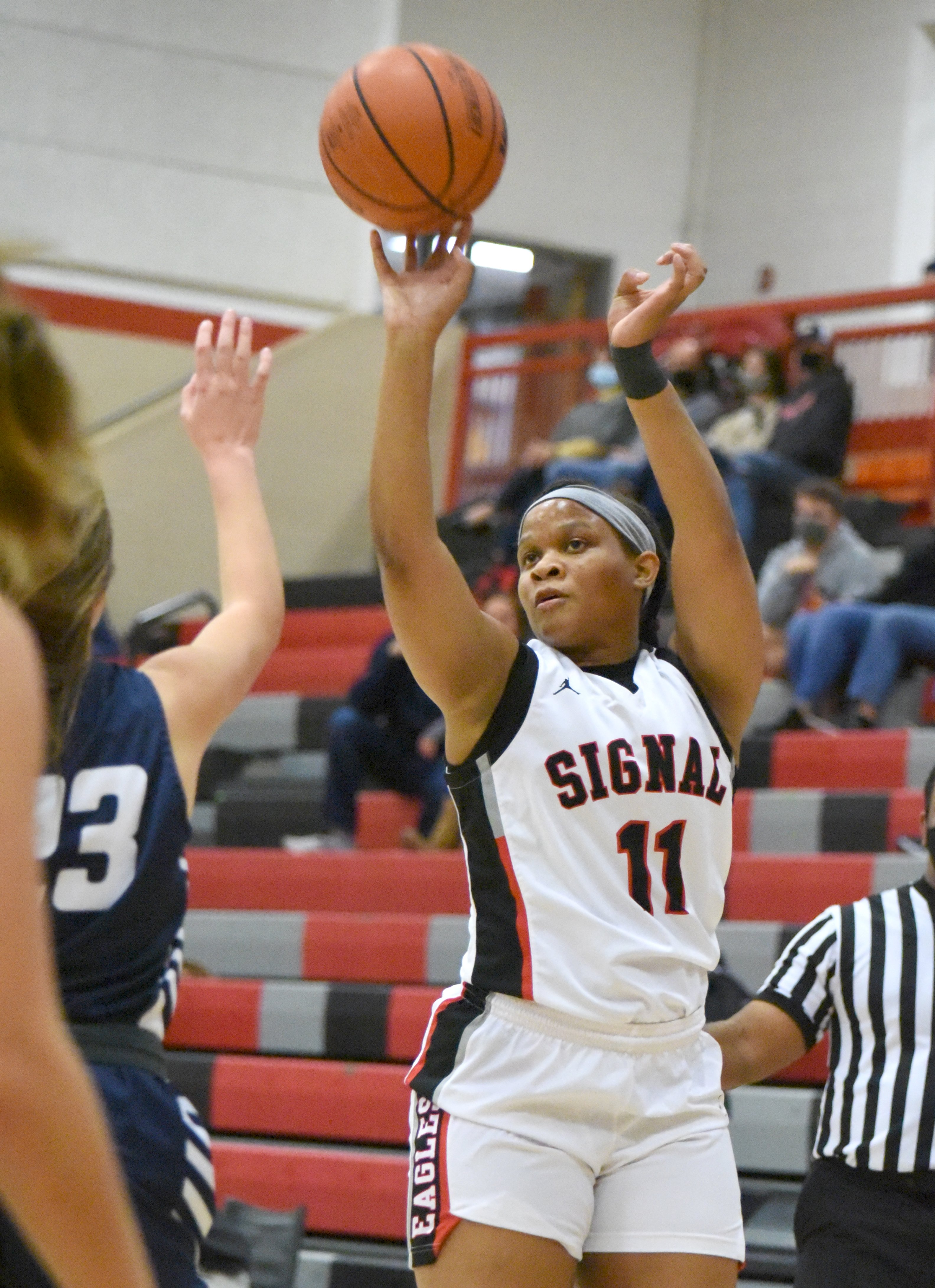 Staff Photo by Matt Hamilton / Signal Mountain (11) Jaylah Hardy puts up a shot at Signal Mountain High School on Monday, Nov. 23, 2020. The Lady Colts went on to win, 62-47.