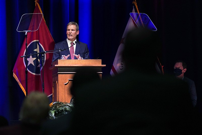 Tennessee Gov. Bill Lee delivers his State of the State Address in War Memorial Auditorium, Monday, Feb. 8, 2021, in Nashville, Tenn. (AP Photo/Mark Humphrey)