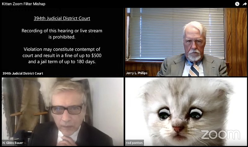 This image from video shows a hearing from the 394th Judicial District Court of Texas. The hearing took a detour when an attorney showed up looking like a kitten. A filter that had been activated on the attorney's device obscured his appearance and made him look like a cat. Judge Roy Ferguson shared the short video clip of the mishap on YouTube. The judge says everyone involved handled the situation with professionalism and grace. (Texas Department of Criminal Justice via AP)