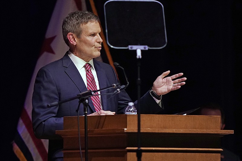 AP Photo by Mark Humphrey/Tennessee Gov. Bill Lee delivers his State of the State Address in War Memorial Auditorium on Monday in Nashville.