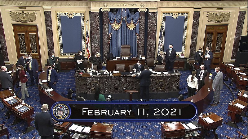 In this image from video, the Senate begins the third day in the second impeachment trial of former President Donald Trump in the Senate at the U.S. Capitol in Washington, Thursday, Feb. 11, 2021. (Senate Television via AP)