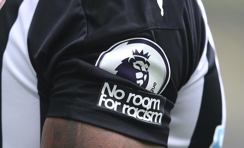 FILE - In this Sunday, Sept. 20, 2020 file photo, Aadetailed view of the "No room for racism" badge on the shirt of Newcastle United's Callum Wilson during the English Premier League soccer match between Newcastle United and Brighton at St. James' Park in Newcastle, England. (Alex Pantling /Pool via AP, File)


