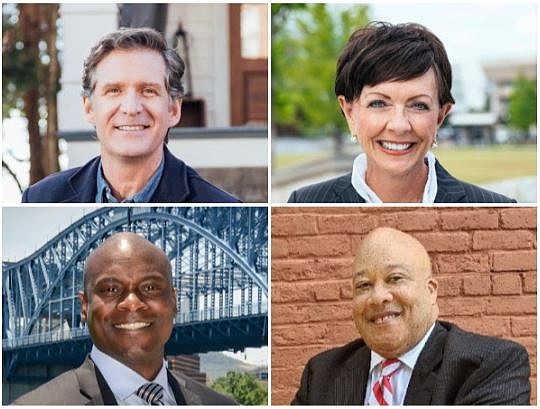 Clockwise from top left: Tim Kelly, Kim White, Monty Bruell and Wade Hinton are running for Chattanooga mayor / Times free press files.