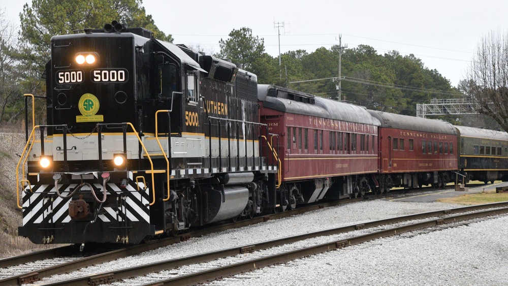 Staff Photo by Robin Rudd / Built in 1972, Southern locomotive 5000 pulls the train from Grand Junction Station crewed by engineer Andrew Durden and conductor Rikki Burckett. Durden are Burckett are engaged.