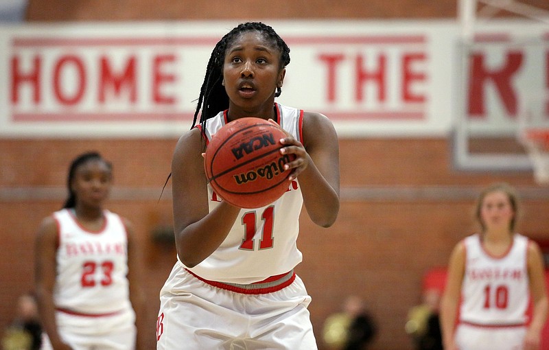 Staff photo by Erin O. Smith / Baylor's Raegyn Conley (11) puts up a foul shot during the Baylor vs. Bradley Central girls' basketball game Thursday, November 21, 2019 at Baylor School in Chattanooga, Tennessee. 