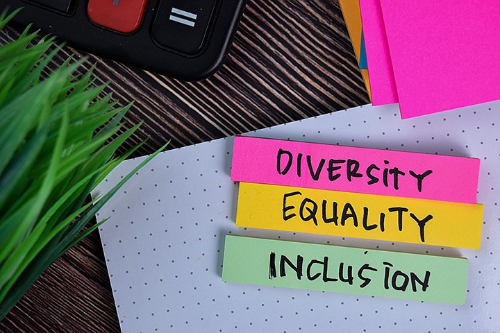 Diversity Equality Inclusion written on a sticky note isolated on office desk. / Photo cedit: Getty Images/iStock/syahrir maulana