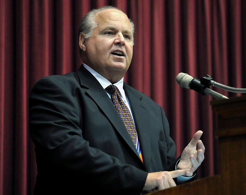 File photo by Julie Smith of The Associated Press / Rush Limbaugh speaks during a ceremony inducting him into the Hall of Famous Missourians on May 14, 2012, in the state Capitol in Jefferson City, Missouri. Limbaugh died of lung cancer on Wednesday, Feb. 17, 2021.