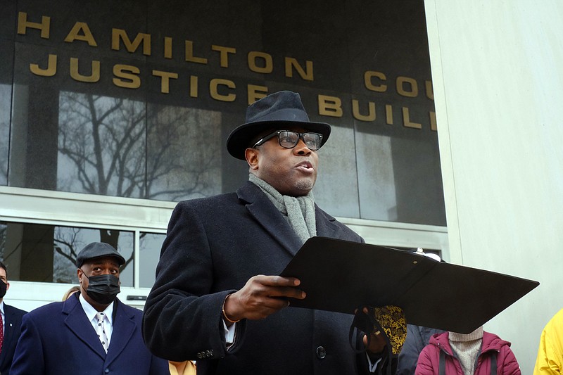 Rev. William Terry Ladd III, pastor of First Baptist Church, speaks outside the Hamilton County Justice Building on Feb. 15, 2021. Ladd was one of more than 40 local clergy to sign onto the latest letter to Hamilton County Sheriff Jim Hammond asking for improved accountability and transparency.