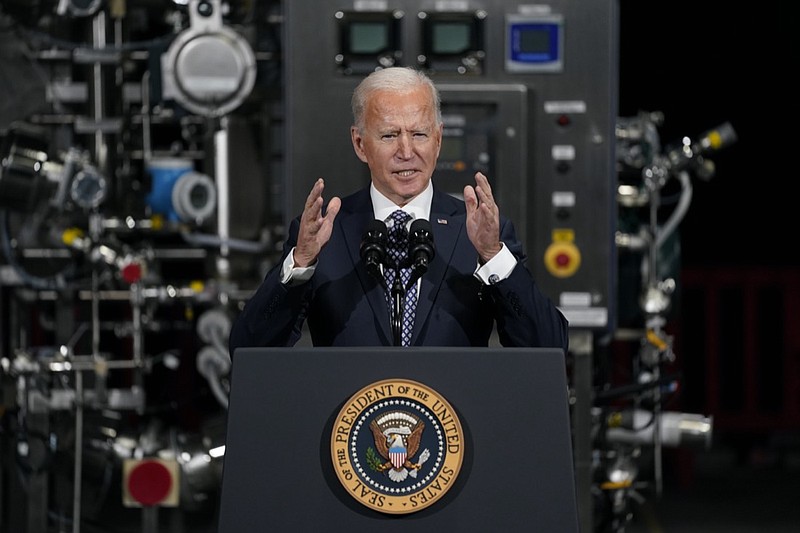 FILE - In this Feb. 19, 2021, file photo President Joe Biden speaks after a tour of a Pfizer manufacturing site in Portage, Mich. (AP Photo/Evan Vucci, File)