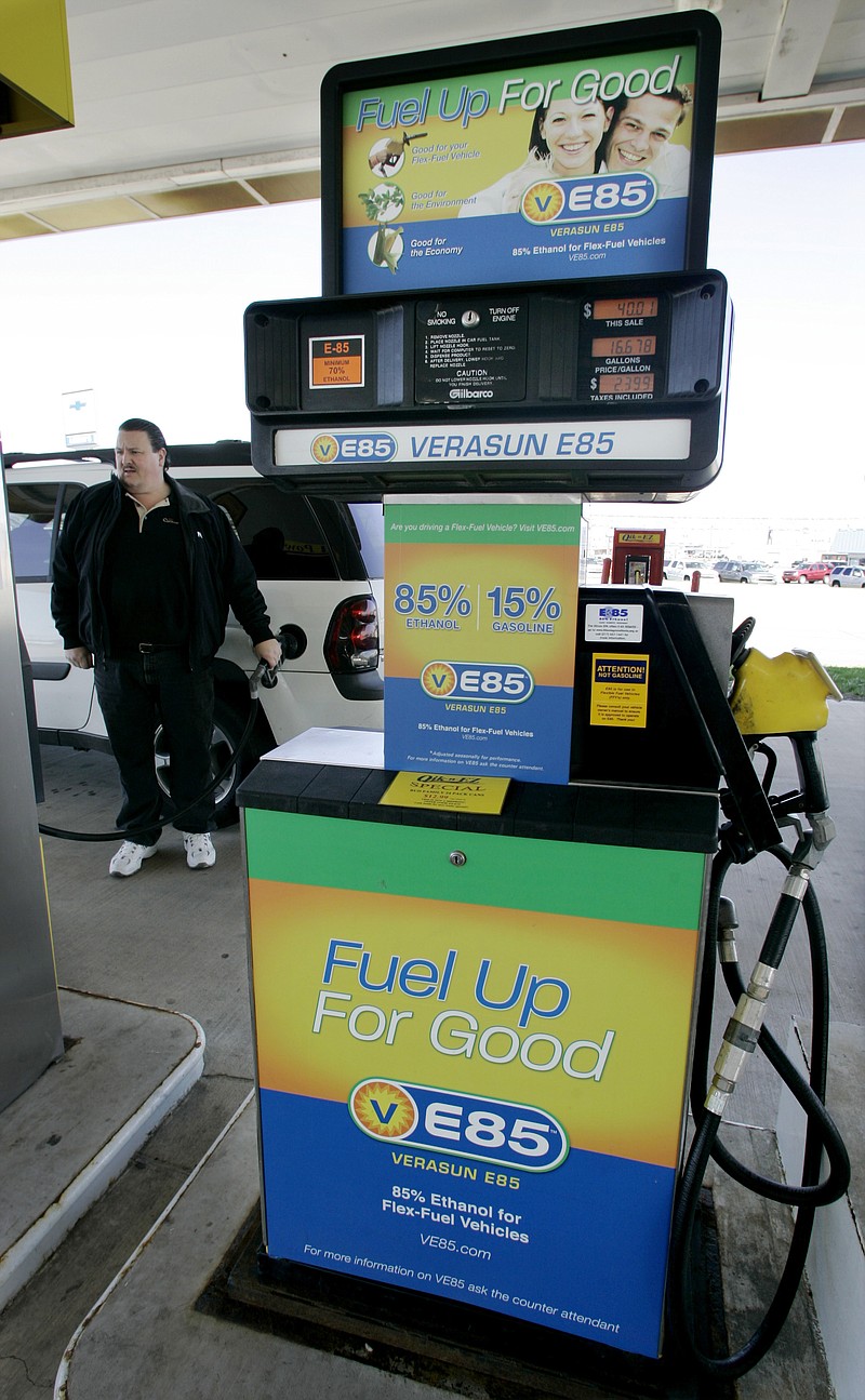 FILE - This April 4, 2007 file photo, shows a gas pump in that delivers Ethanol fuel. The federal government announced Monday, Feb. 22, 2021, that it will support the ethanol industry in a lawsuit over biofuel waivers granted to oil refineries under President Donald Trump's administration. The Environmental Protection Agency said it is reversing course and will support a January 2020 decision by the Denver-based 10th U.S. Circuit Court of Appeals in a lawsuit filed by the Renewable Fuels Association and farm groups. (AP Photo/M. Spencer Green File)