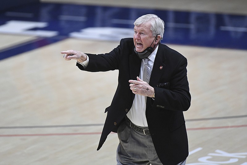 Texas A&M head coach Gary Blair reacts during the first half of an NCAA college basketball game against Mississippi in Oxford, Miss., Sunday, Feb. 21, 2021. (AP Photo/Thomas Graning)