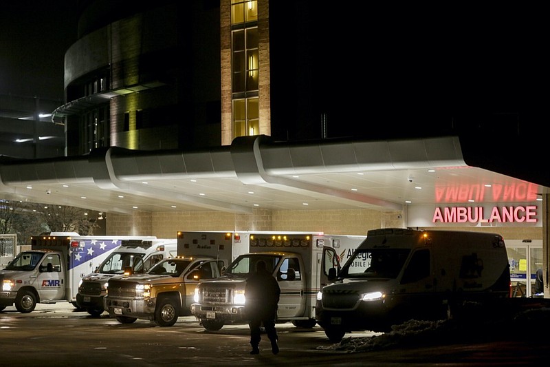 Ambulances line up outside of St. David's South Austin Medical Center in preparation to transport patients in Austin, Texas, on Wednesday, Feb. 17, 2021. Hospitals across the South grappled with water shortages Sunday, Feb. 21, 2021 as the region carried on with recovery efforts in the wake of a devastating winter storm, and the weather offered a balmy respite — temperatures as high as the mid-60s. (Bronte Wittpenn/Austin American-Statesman via AP, file)