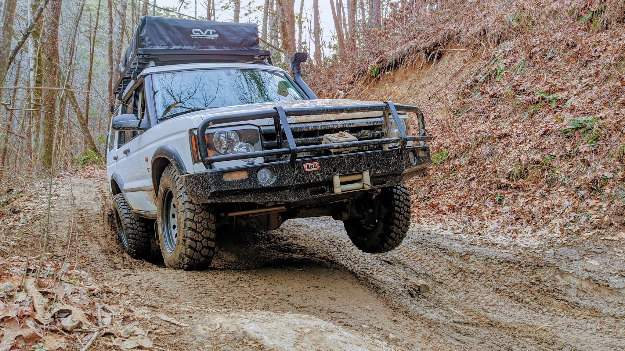 Contributed photo by Eric Hayes / Near Rabun Gap, Ga., the Hayeses encountered the most difficult sections of the trail, which were steep and deeply rutted. "The Rover did great, and our tires were off ground several times," Kaley Hayes says.