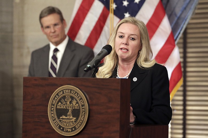 Tennessee Health Commissioner Lisa Piercey speaks at a news concerning the state's response to the coronavirus Monday, March 16, 2020, in Nashville, Tenn. (AP Photo/Mark Humphrey)