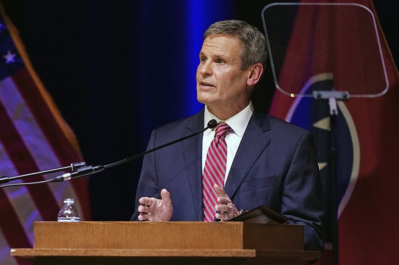 Tennessee Gov. Bill Lee delivers his State of the State Address in War Memorial Auditorium, Monday, Feb. 8, 2021, in Nashville, Tenn. (AP Photo/Mark Humphrey)