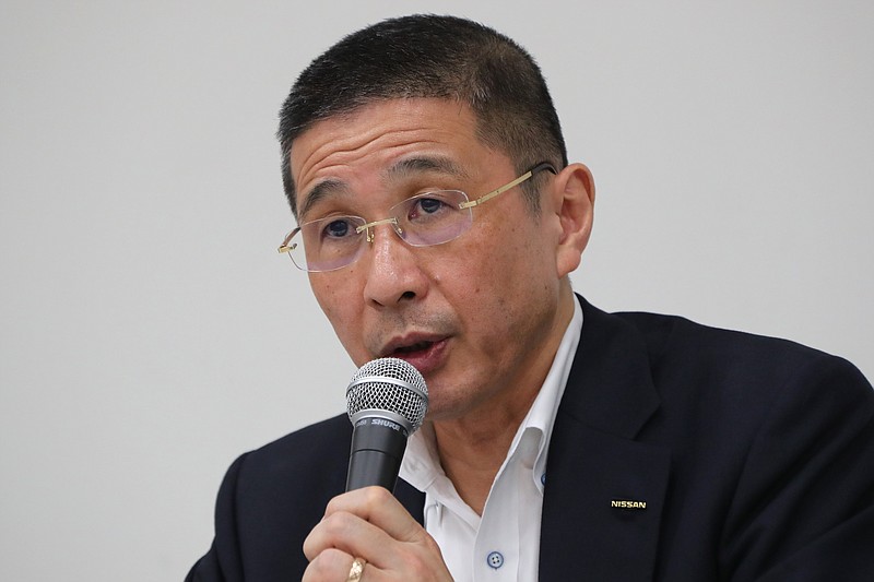 FILE - In this Sept. 9, 2019, file photo, then Nissan Chief Executive Hiroto Saikawa speaks during a press conference in the automaker's headquarters in Yokohama, near Tokyo. Former Nissan Chief Executive Saikawa told a Japanese court Wednesday, Feb. 24, 2021, he believed the compensation for his predecessor Carlos Ghosn was too low "by international standards," and so he supported Ghosn's retirement packages to prevent him from leaving. (AP Photo/Koji Sasahara, File)