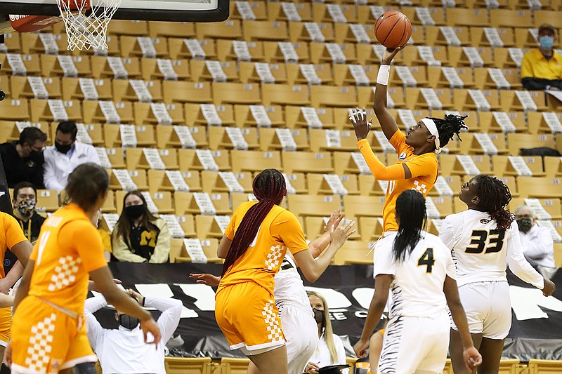 Mizzou Athletics photo by Hunter Dyke / Tennessee's Rennia Davis shoots during Thursday night's game at Missouri. Davis matched her season high in points with 26 to help the Lady Vols win 78-73 in the SEC matchup.