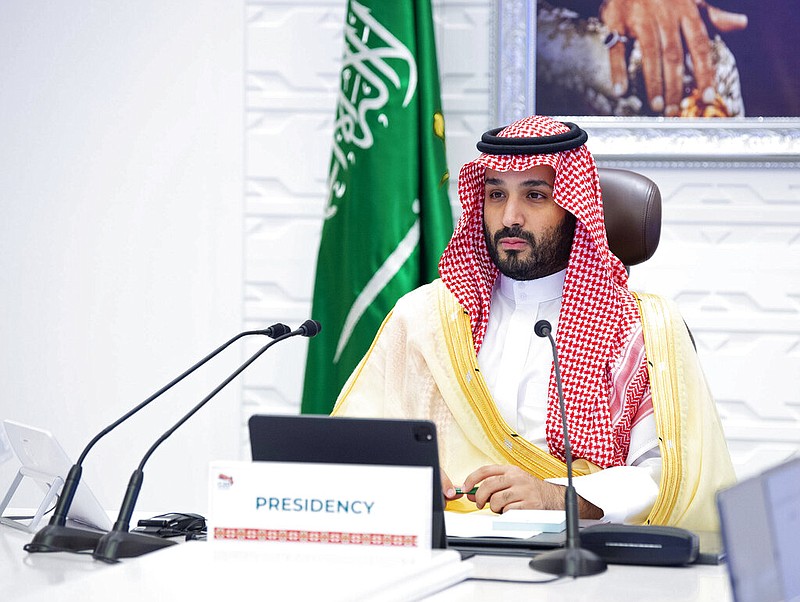 In this Sunday, Nov. 22, 2020, file photo, Saudi Arabia's Crown Prince Mohammed bin Salman attends a virtual G-20 summit held over video conferencing, in Riyadh, Saudi Arabia. Saudi Arabia's royal court says Crown Prince Mohammed bin Salman underwent a "successful surgery" for appendicitis on Wednesday, Feb. 24, 2021, and left the hospital soon after the operation. The 35-year-old Prince Mohammed had laparoscopic surgery at the King Faisal Specialist Hospital in the Saudi capital of Riyadh in the morning. (Bandar Aljaloud/Saudi Royal Palace via AP, File)